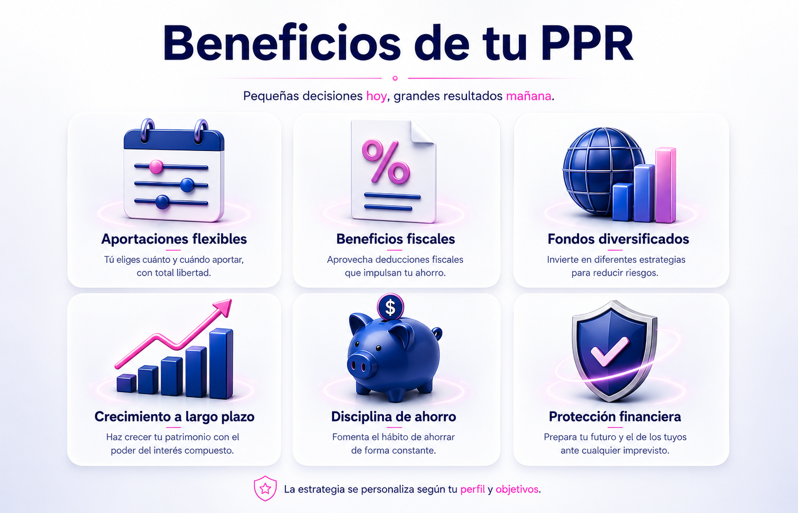 Beneficios de un PPR: aportaciones flexibles, beneficios fiscales, fondos diversificados, crecimiento a largo plazo, disciplina de ahorro y protección financiera.