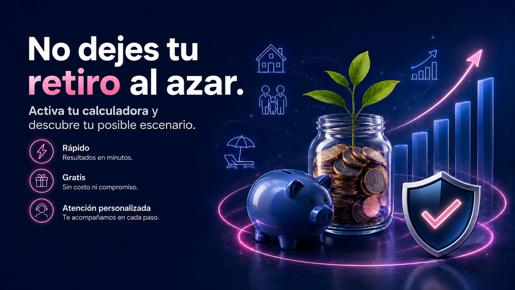 Escena aspiracional de retiro y planeación financiera con crecimiento patrimonial.
