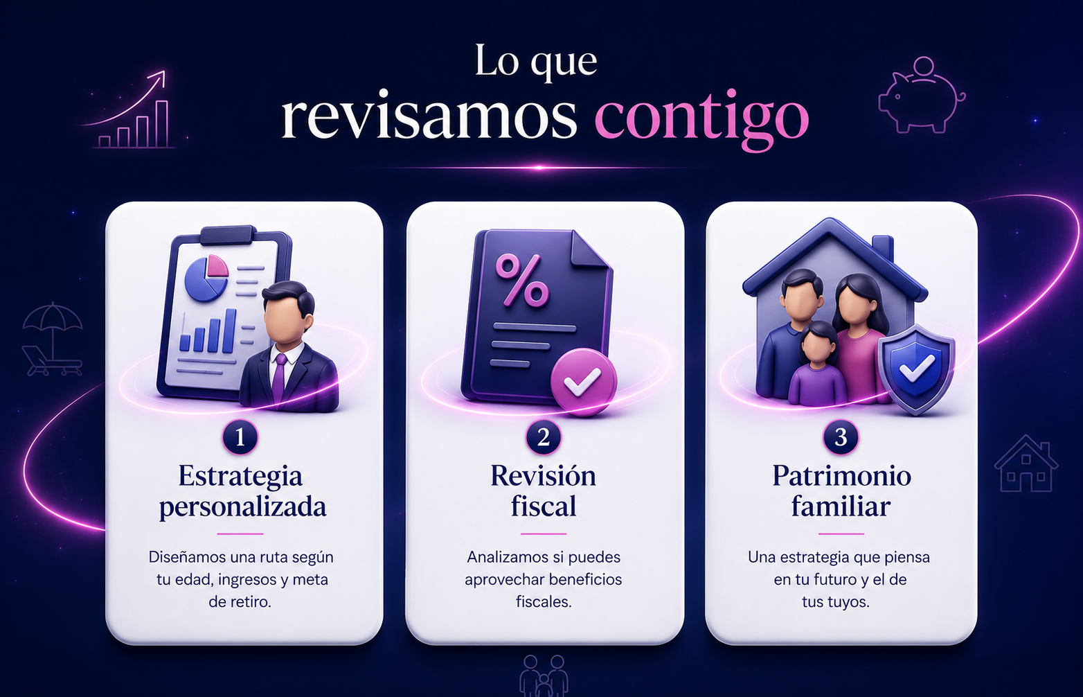 Elementos que se revisan en una estrategia PPR: estrategia personalizada, revisión fiscal y patrimonio familiar.